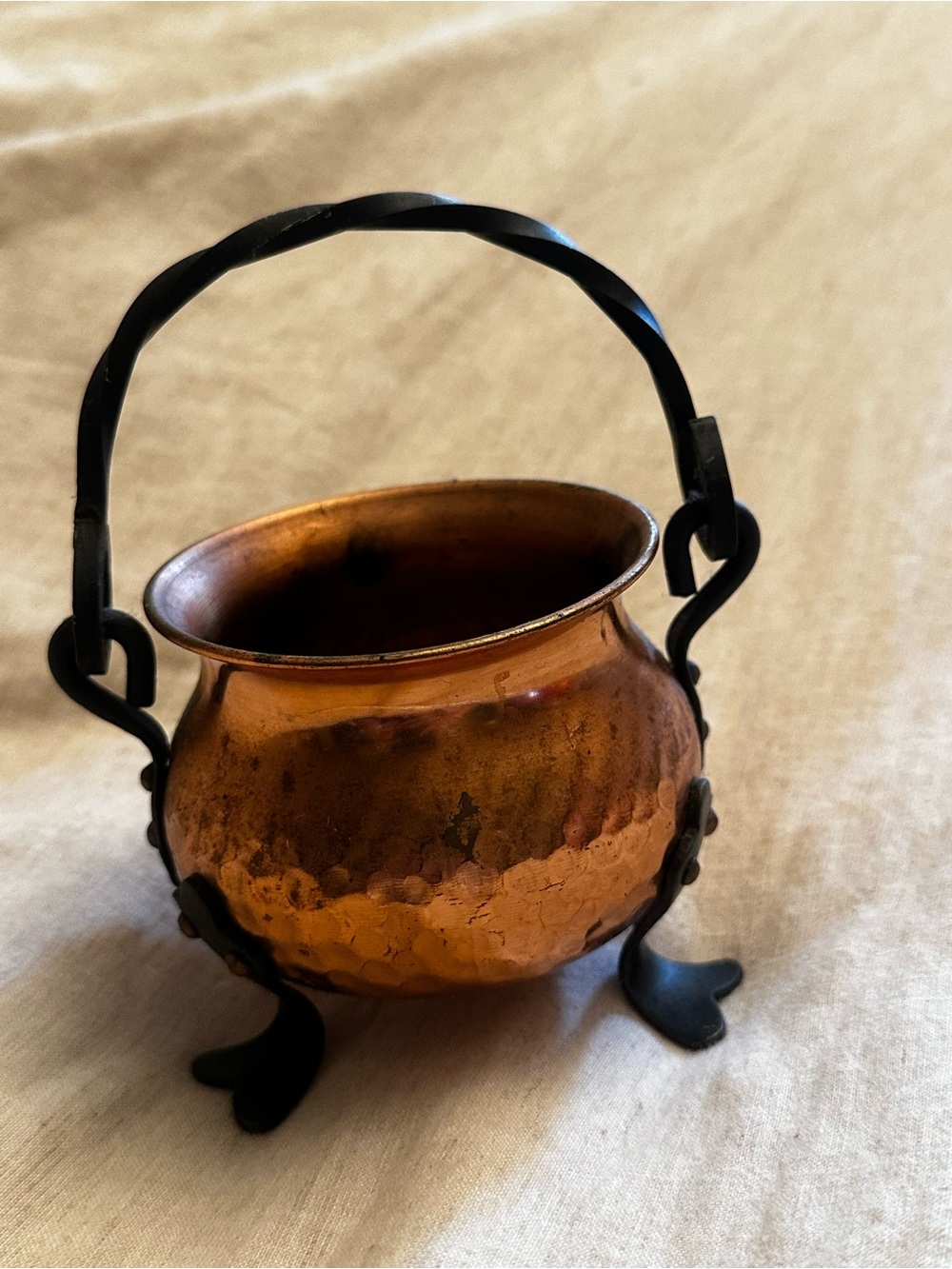 Vintage Hammered Copper Mini Cauldron with Black Iron Handle
